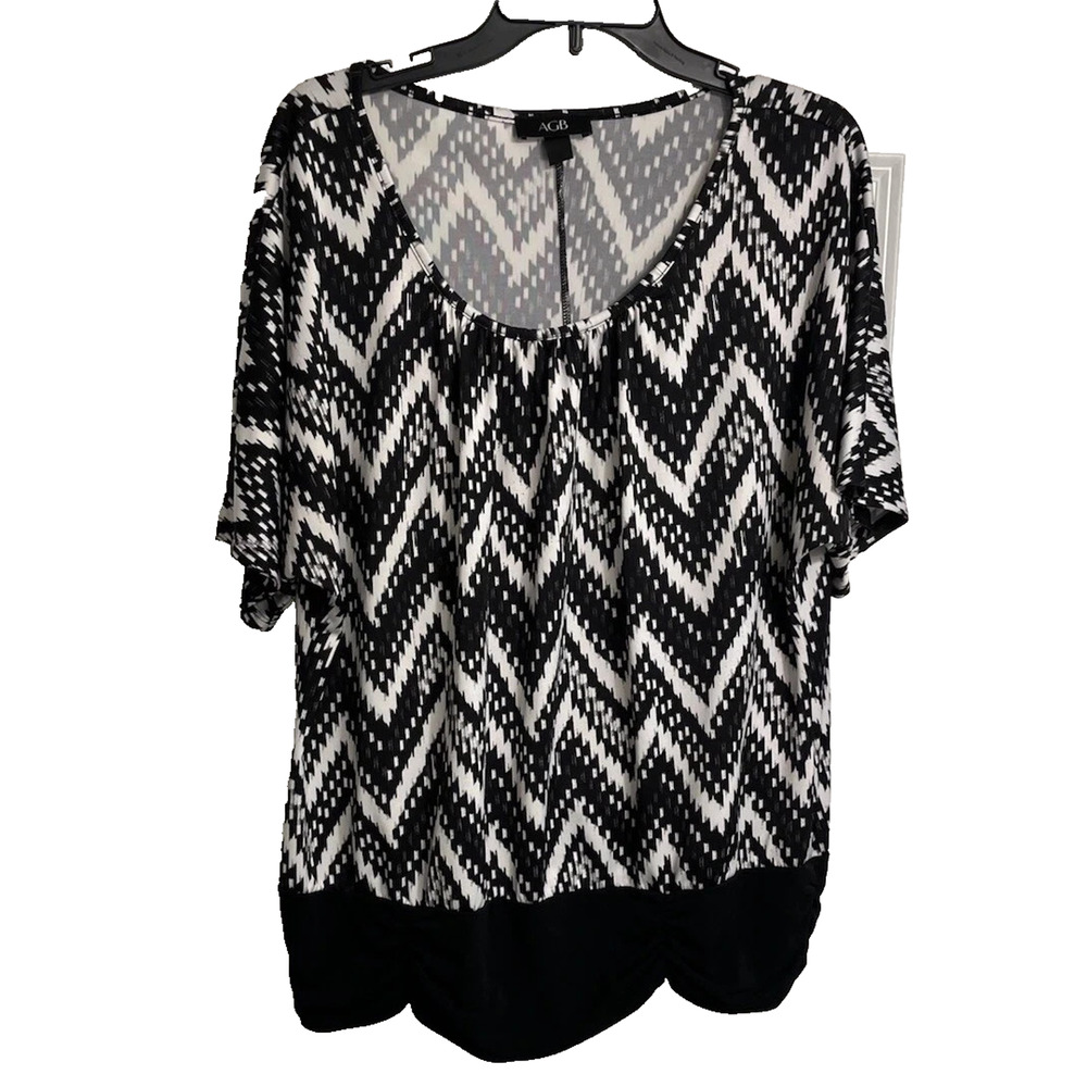 AGB WOMEN'S BLACK WHITE BANDED/RUCHED WAIST TOP SIZE XL-EUC